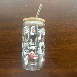 Clear Glass Tumbler with Coffee Print and Bamboo Lid